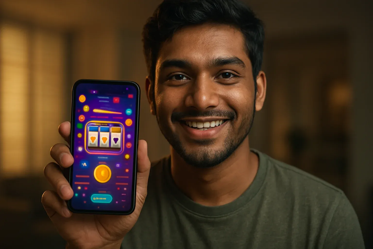 Young Bangladeshi man smiling while showing colorful mobile casino app