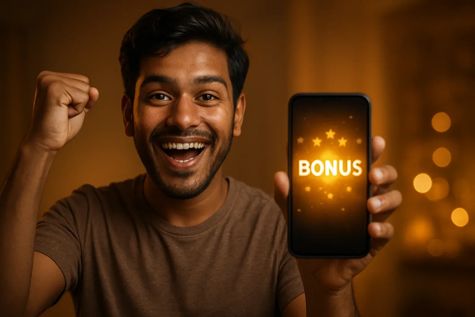Joyful Bangladeshi man holding smartphone with glowing bonus notification screen
