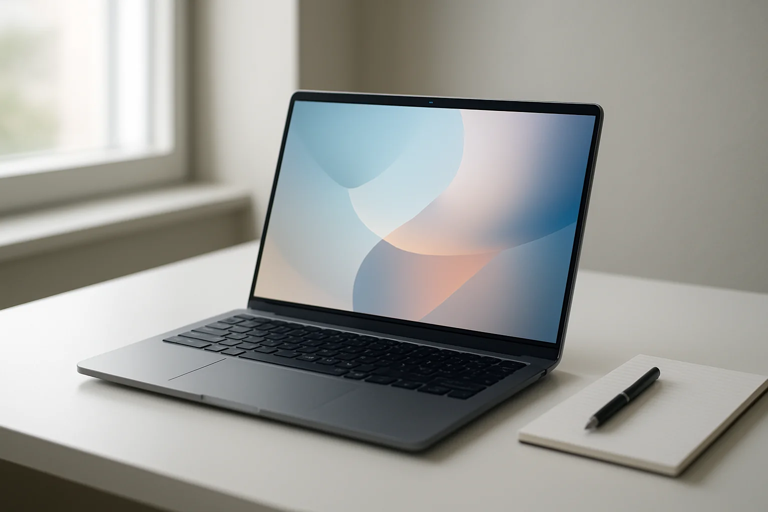 Modern laptop on clean white desk with glowing abstract screen