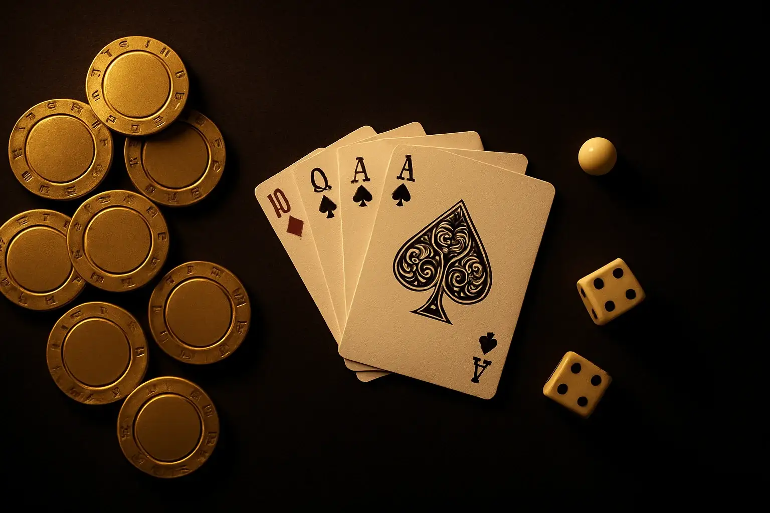 Top-down casino scene with golden chips, cards, dice, and roulette ball