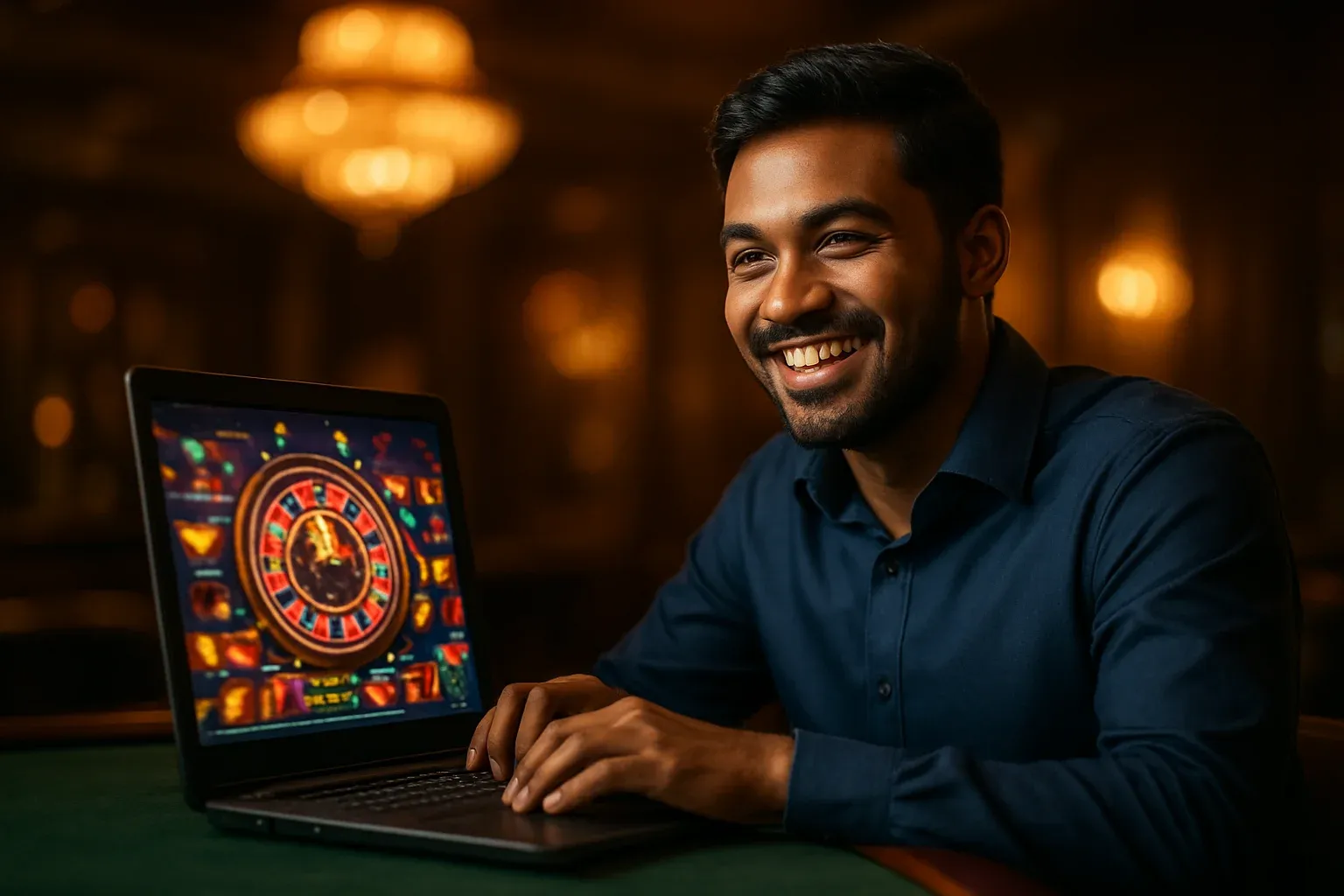 Cheerful Bangladeshi man with open laptop showing colorful casino interface