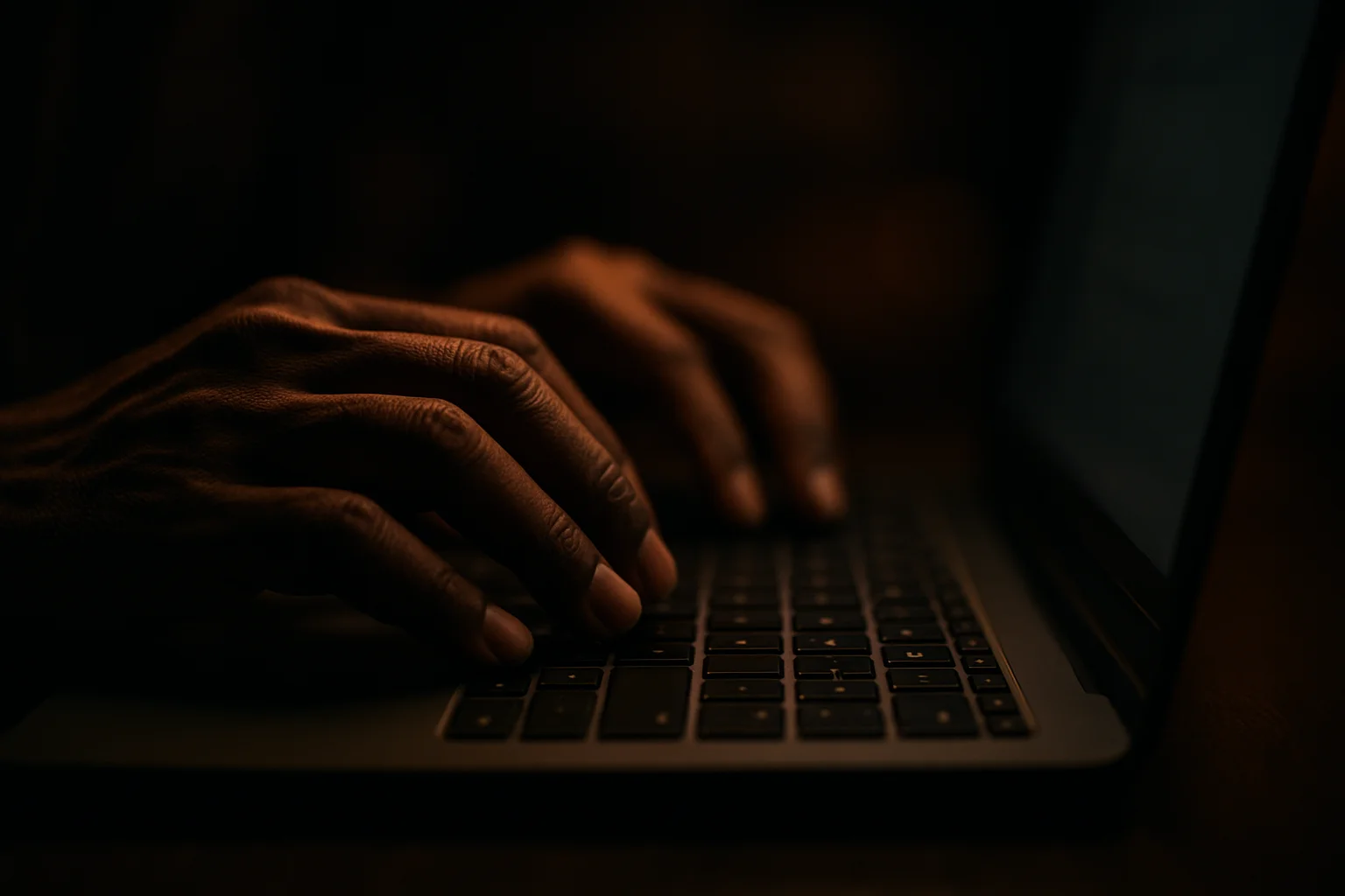 Close-up of Bangladeshi man's hands typing on modern laptop keyboard