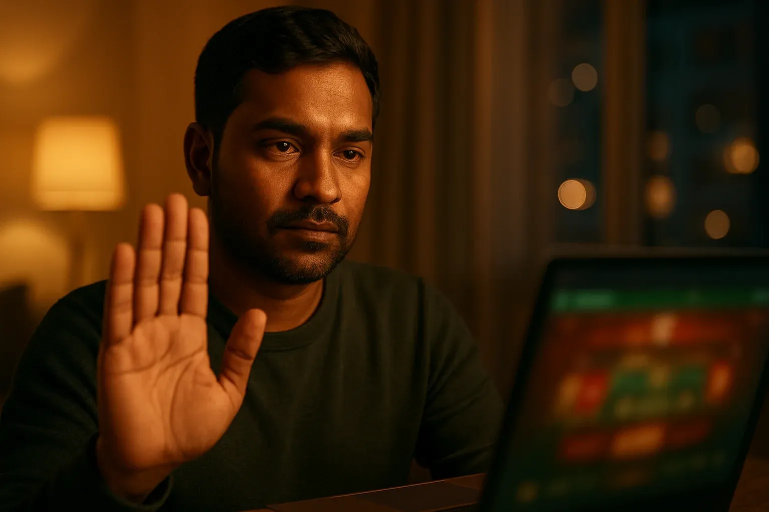 Bangladeshi man making stop gesture near laptop for responsible gambling awareness