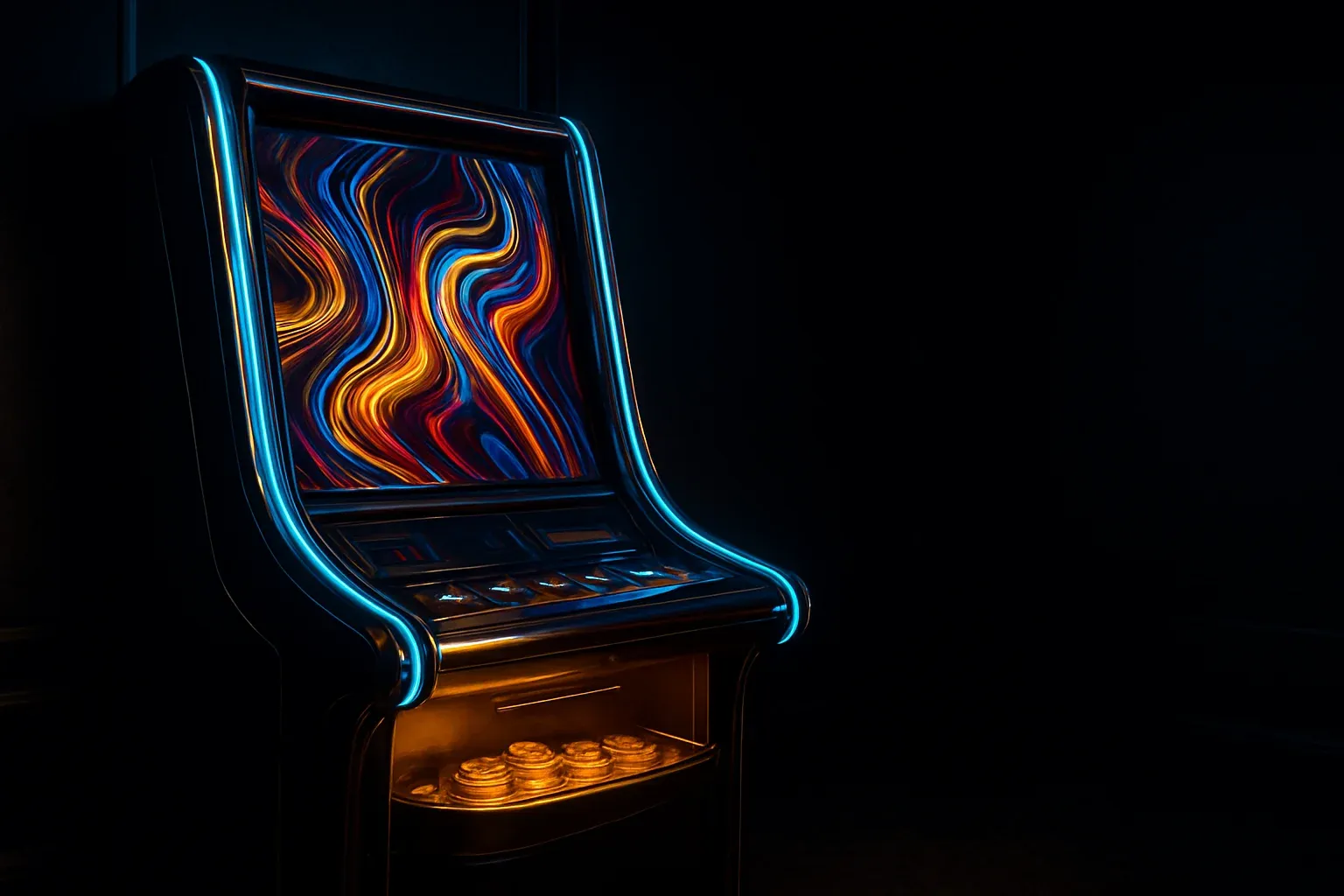 Hyperrealistic premium slot machine in dark luxury setting with neon lighting